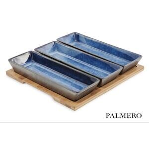 Palmero Azores Ceramic Serving Dishes, Stoneware, Set of 3 W/ Wooden ServingTray